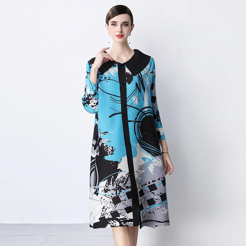 Miyake plissado lapela vestido 2025 verão novo tamanho grande abotoado cardigan vestido plissado xadrez emenda magia vestido longo