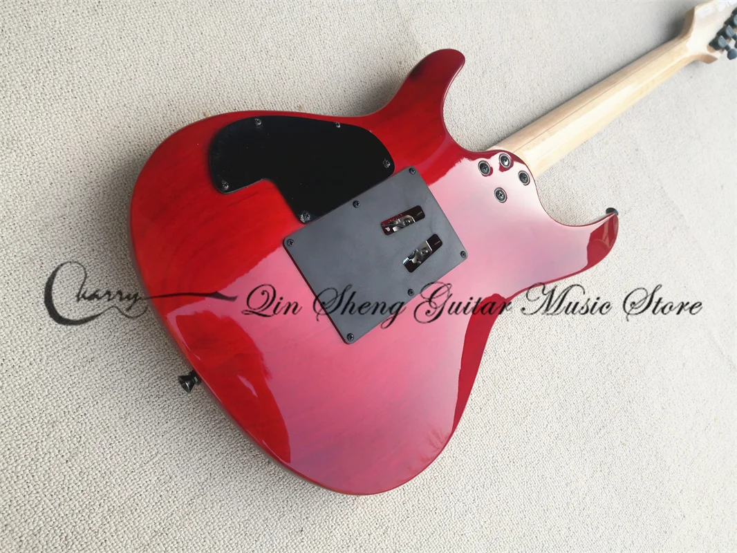 Ultra-thin Guitar 6 String Electric Guitar, Slim Guitar, Red Tiger Veneer Body, Tremolo Bridge, Black Buttons