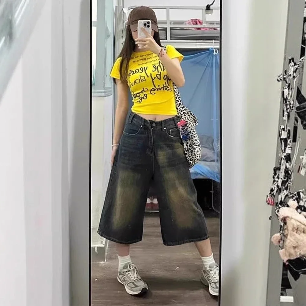 

Летние потертые джинсовые шорты в стиле ретро с высокой талией, женские винтажные модные повседневные свободные брюки Y2K, уличная одежда средней длины, широкие брюки