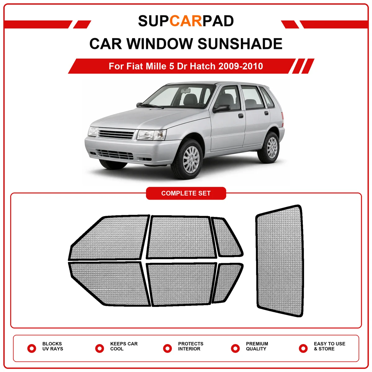 For Fiat Mille 5 Dr Hatch 2009-2010 Pre‑Cut Auto Window Sunshade Anti‑UV Car Sun Visor Protector