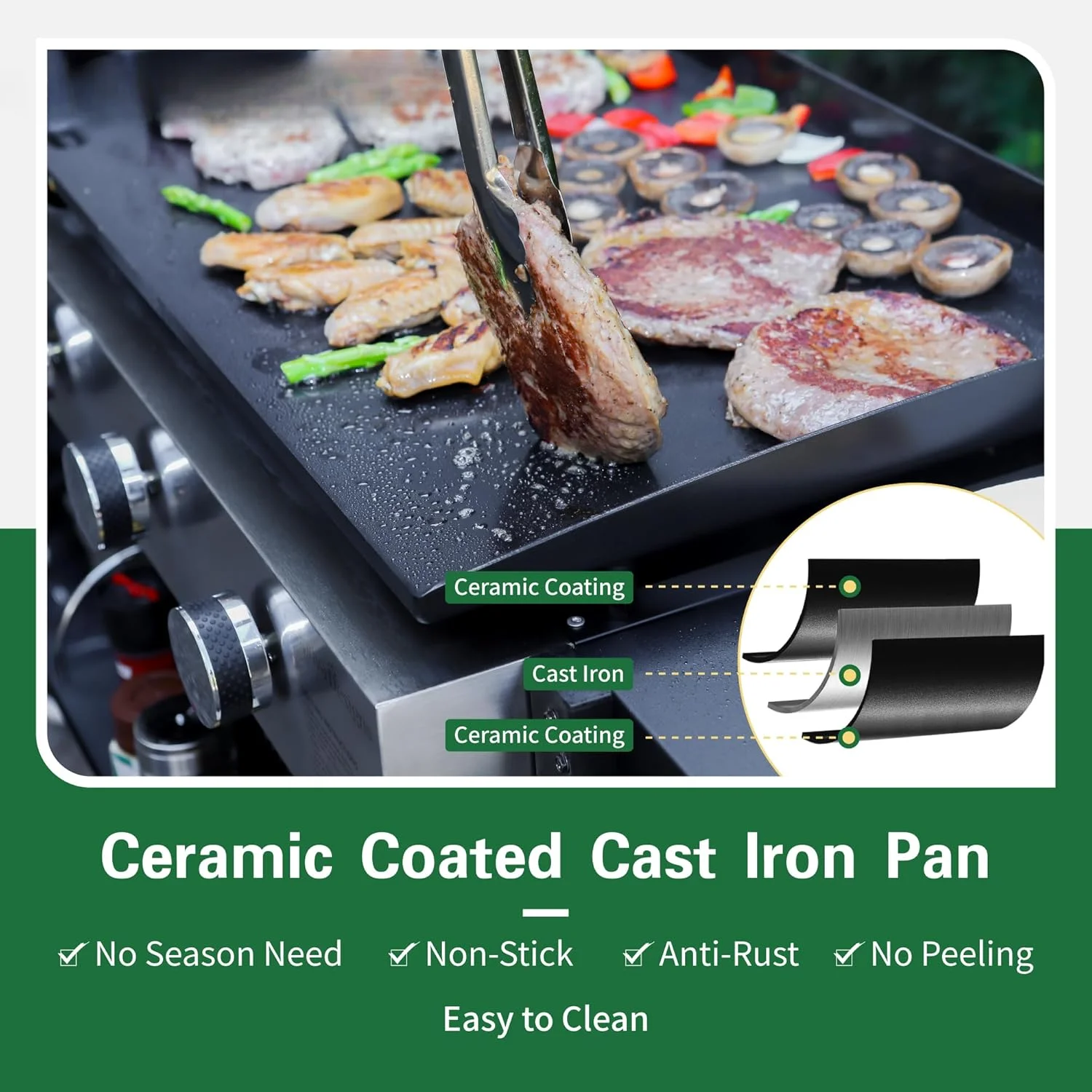 Flat Top Grill with Ceramic Coated Cast Iron Pan, 3-Burner Propane Gas Griddle Grill