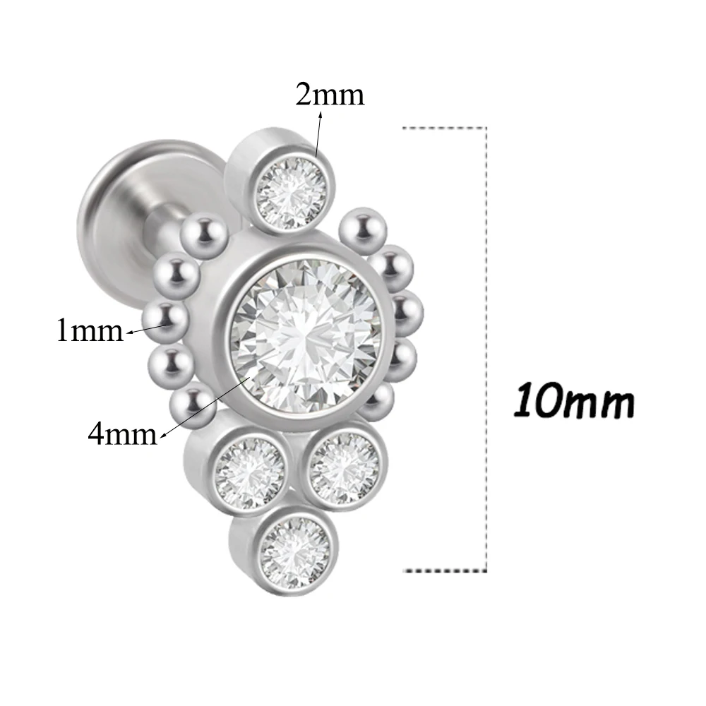 1PC Surgical Steel  Silver Color Labret Flat Base Ear Studs Crystal Cluster Helix Tragus Cartilage Piercing Jewelry 16G