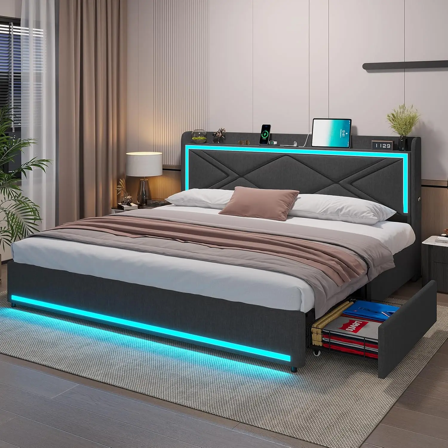 King Size LED Bed Frame with Storage Headboard and Charging Station, Upgraded 2-Row Support Bars, Noise Free, Dark Grey