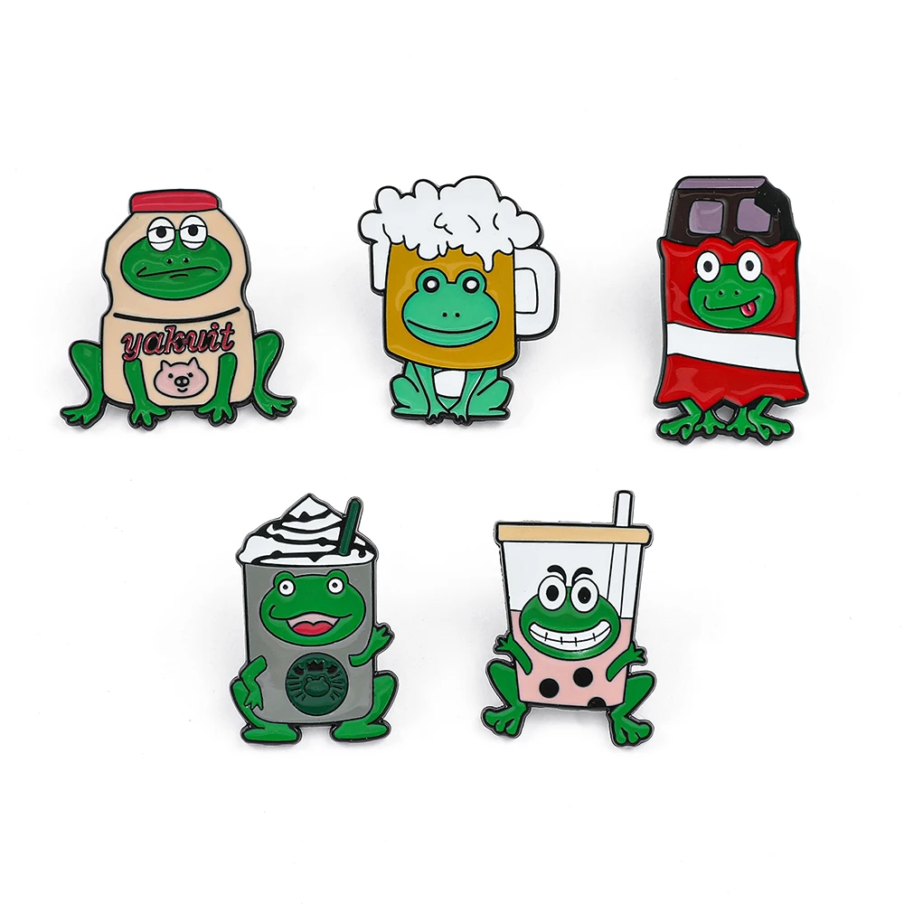 Funny Creative Frog Brooch Cute Chocolate Frog Beer Frog Milk Tea Frog Ice Cream Frog Costume Back Matching Metal Badges