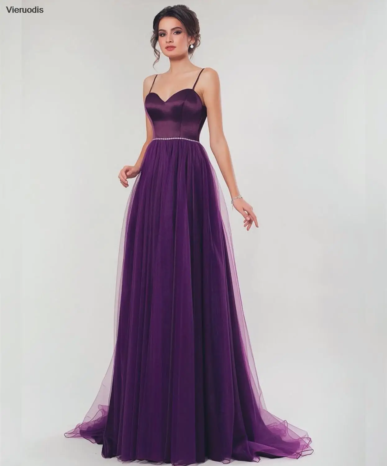 

Purple Evening Dresses Long Tulle 2022 Spaghetti Strap Floor Length Custom Made Court Train Evening Dress Cheap Gorgeous