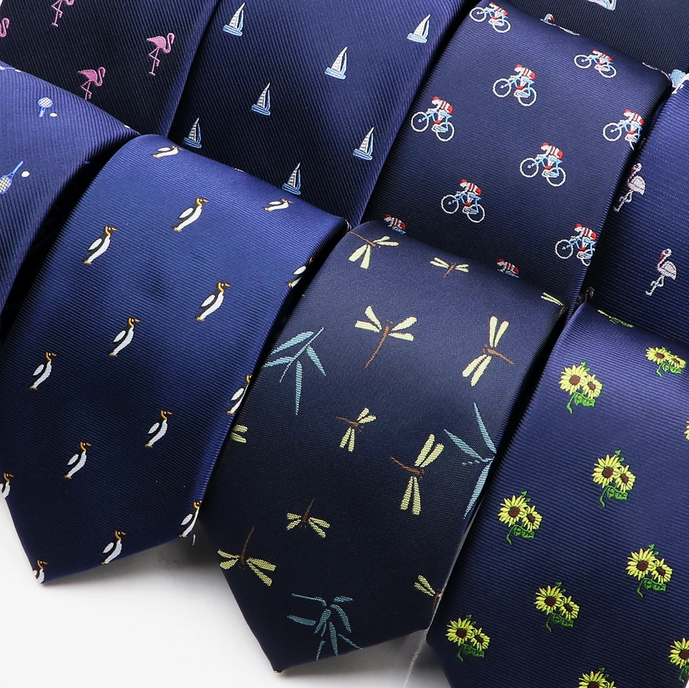 

New Design Polyester 7 CM Neckties Blue Dragonfly Swan Pattern Ties For Wedding Party Daily Shirt Suit Cravats Accessories Gifts