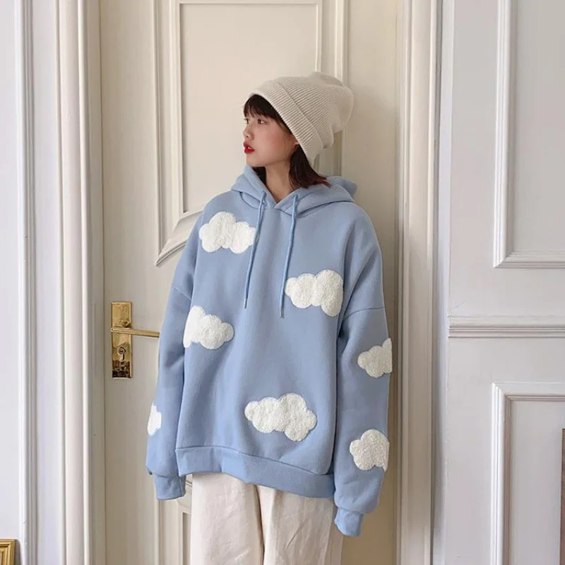 Autumn Winter Women Blue white cloud Hoodie Thick Warm Female Fleece Hoodies Oversize Sweatshirt Top Ladies  Hooded Top coat