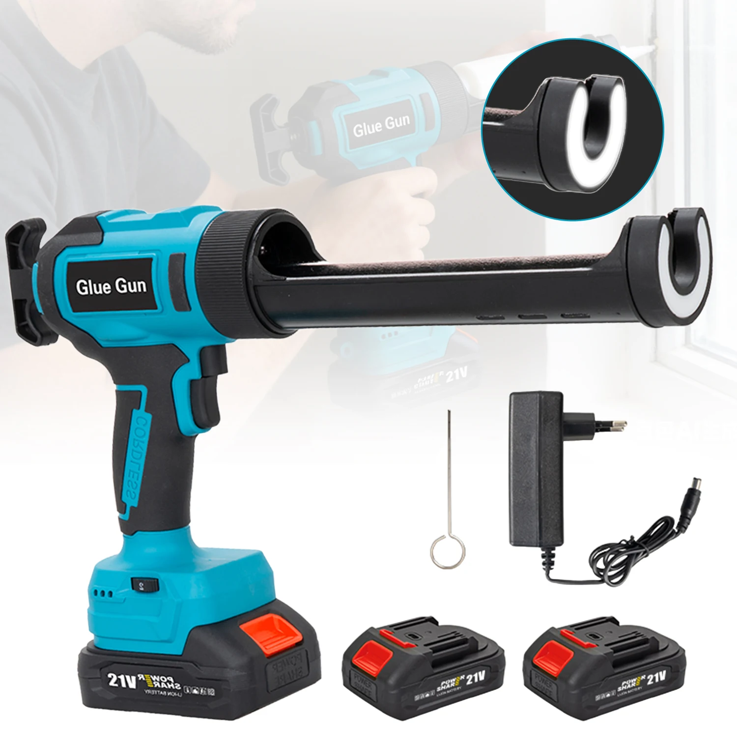 Pistola elettrica senza fili a 21 V per applicare stucco, ideale per porte e finestre, con funzione di applicazione di colla e 6 velocità regolabili, dotata di luce LED e display digitale per il