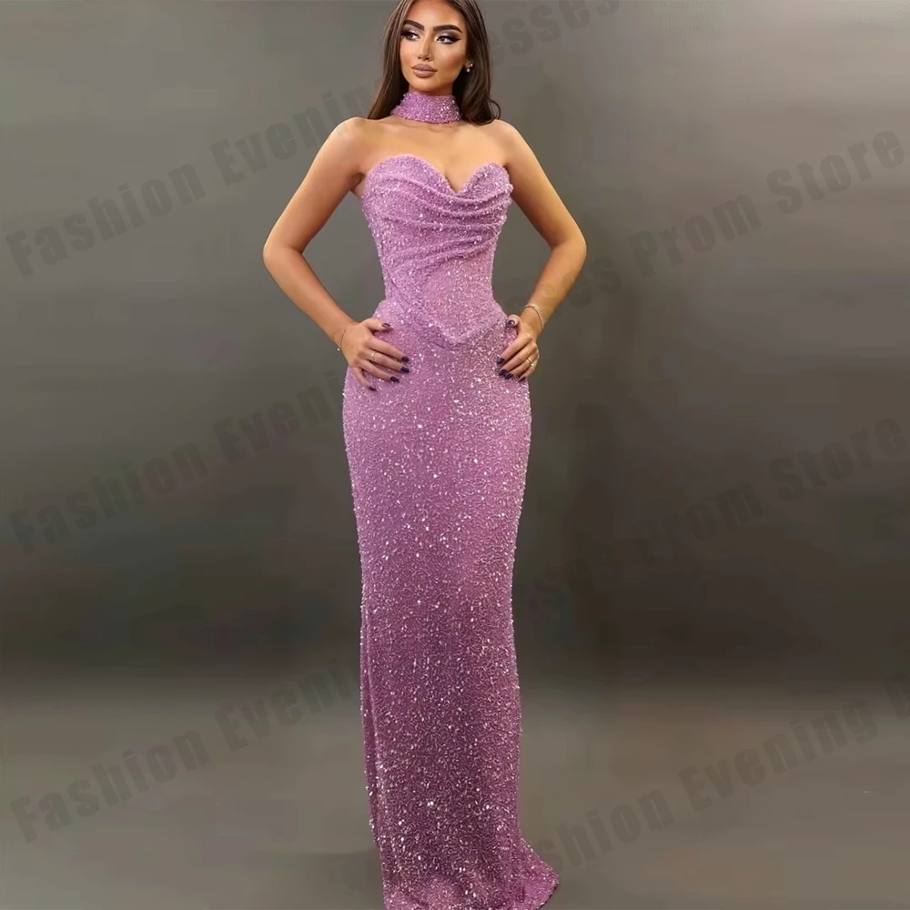 

Glitter Pink Women's Evening Dresses Sexy Off Shoulder Sleeveless Mermaid Princess Ball Gowns Formal Cocktail Party Customized