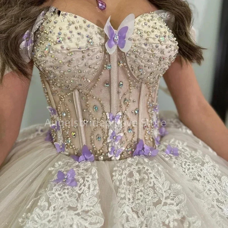 فستان كرة مزين بالخرز على الكتف من Angelsbridep ، فستان سهرة ، فستان Quinceanera ، شامبانيا خفيف ، عمر 15 عامًا