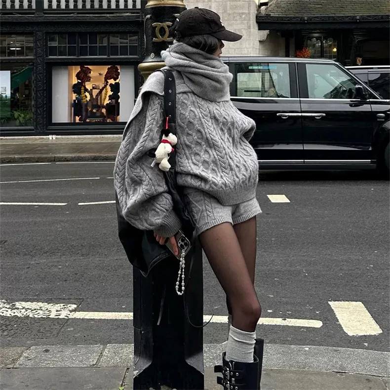 

Women's Solid Color Knitted Three Piece Set Lazy Style Pullover Sweater Shorts Scarf 3 Piece Sets Knitwear Female Clothing New