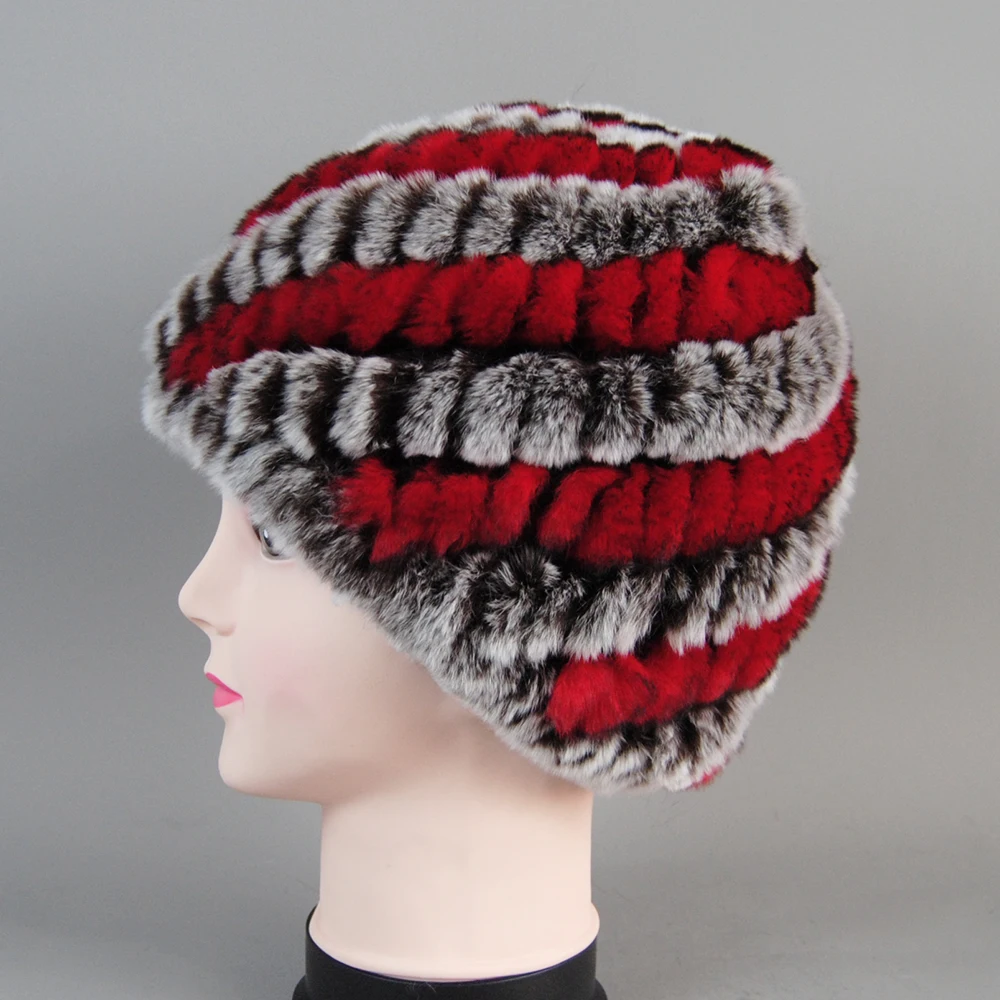 Knitted Good Elastic 100% Natural Rex Rabbit Fur Beanies Hats Lady Winter Warm Real Rex Rabbit Fur Cap Knit Striped Real Fur Hat image 2