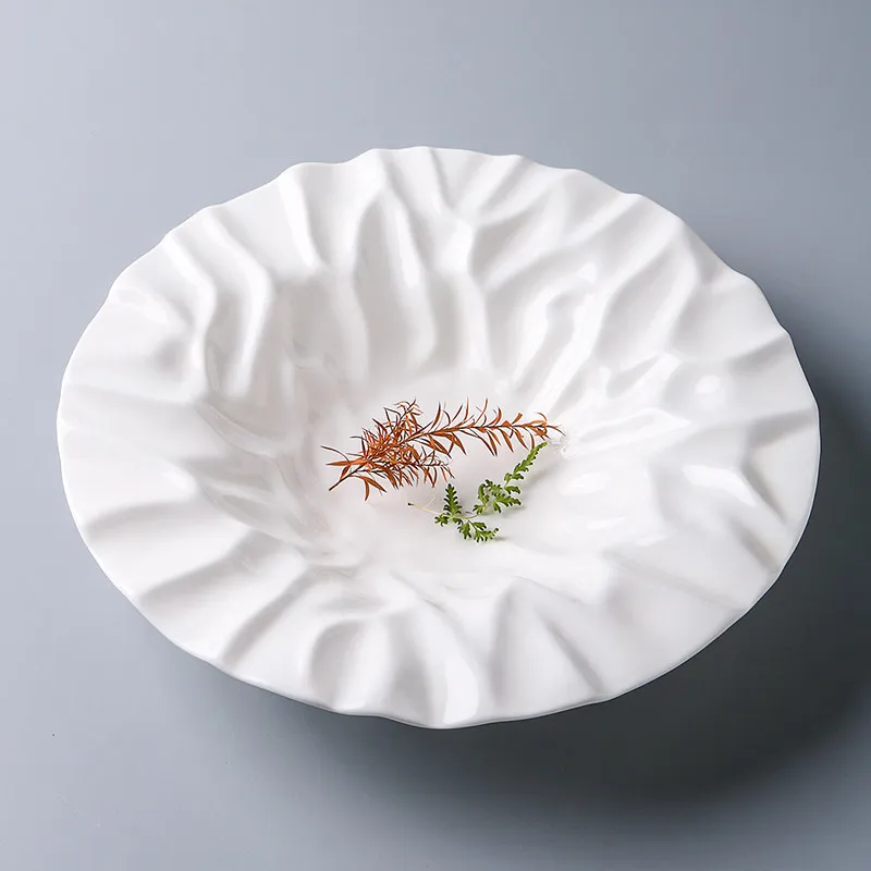 

Western Ceramic Round Ruffled Patterned Dinner Plate Restaurant Tableware Home Dinner Pasta Salad Plate White Ceramic Dish Home