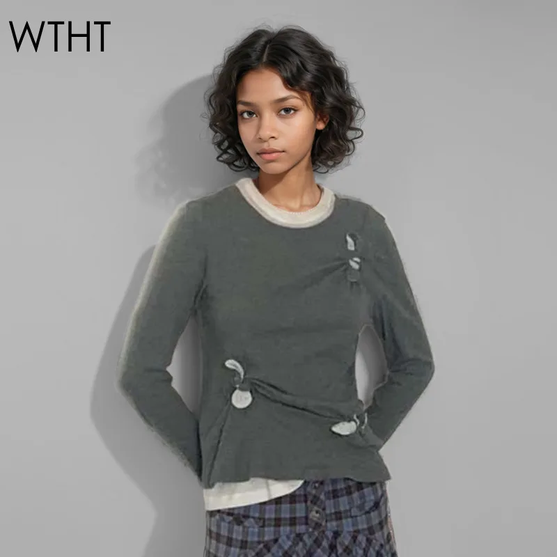 WTHT Trendy Women Patchwork Wrinkled Bows Control Color Fake Two-piece T-shirt 2024 Winter O-neck Long Sleeve Tops Female 1LS589