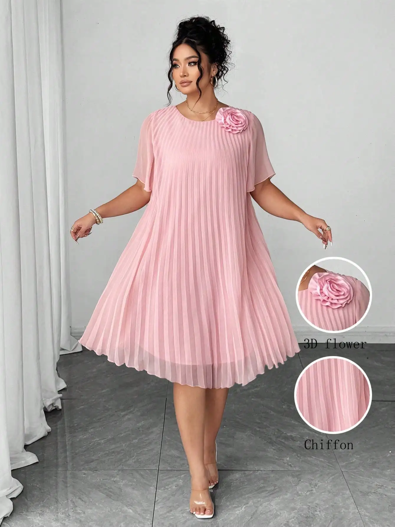 

Plus Size Pleated Chiffon Midi Dress with 3D Flower Applique, Light Pink