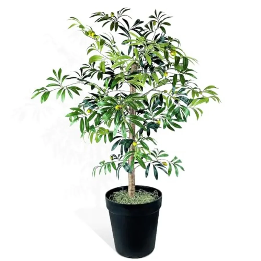 Artificial Olive Tree 4 ft, Faux Olive Tree with Real Wood Trunk in Black Pot, Indoor Covered Outdoor Fake Tree for Living Room