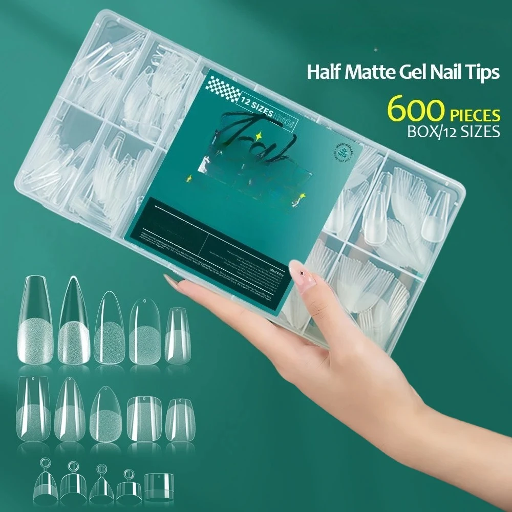 

Soft Gel Nail Tips 600PCS Pre-Buff Full Cover Coffin Almond Oval Shaped Nail Extenison Tips Half Matte Gel X Fake Nails