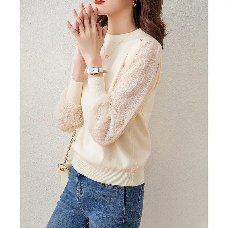 New Spring Elegant Chic Lace Mesh Patchwork Blouse Women Korean Fashion Casual Solid Long Sleeve Street Knitwear Female Clothing