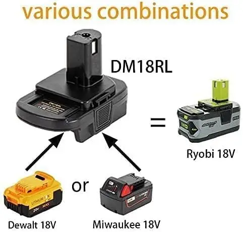 DM18RL Batterieadapter zur Umwandlung von Dewalt/Milwaukee 20V/18V Li-Ionen-Akkus in Ryobi 18V P108 ABP1801, USB-Anschluss, Schwarz/Grün – Detail 12