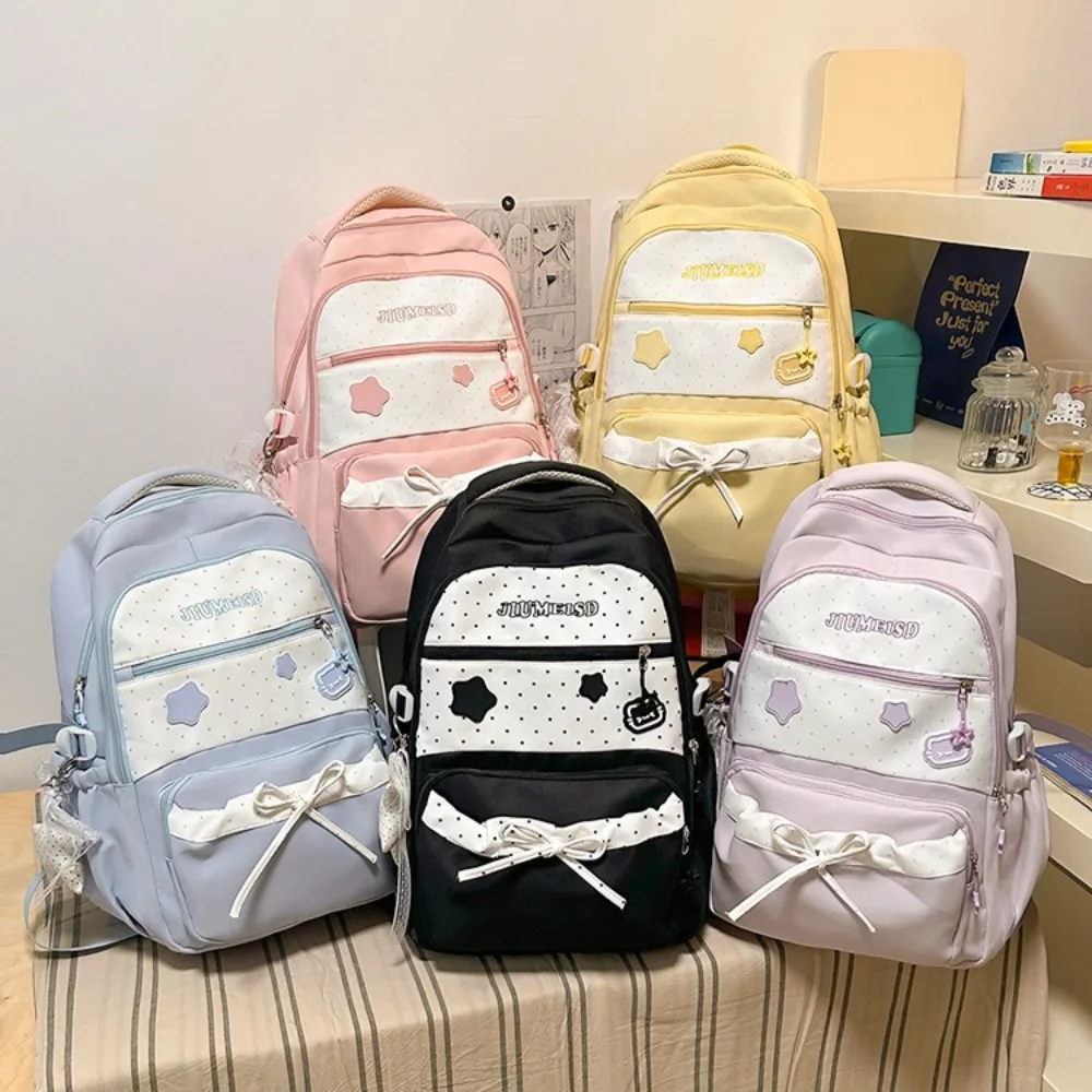 Nylon lightweight student schoolbag polka dot bump bow kawaii pendant large capacity travel backpack for ladies