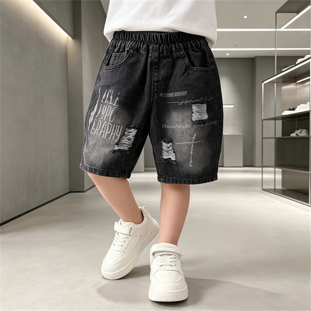 New Summer Kids Boy Black Color Ripped Denim Shorts With Letters Children Stylish Streetwear Casual Shorts Age 2 To 11 Years Old