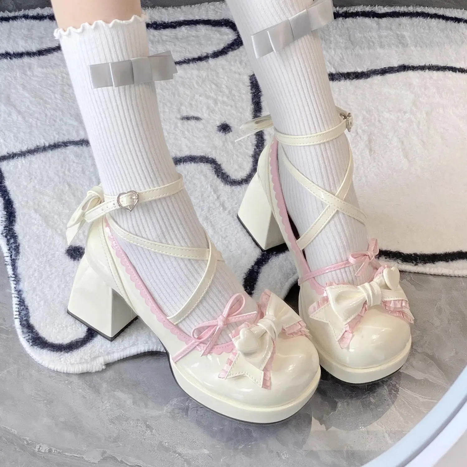 

Sweet Lolita Platform Chunky — туфли-лодочки на каблуке | Крест-накрест — с ремешком и бантом — туфли для чаепития с украшением