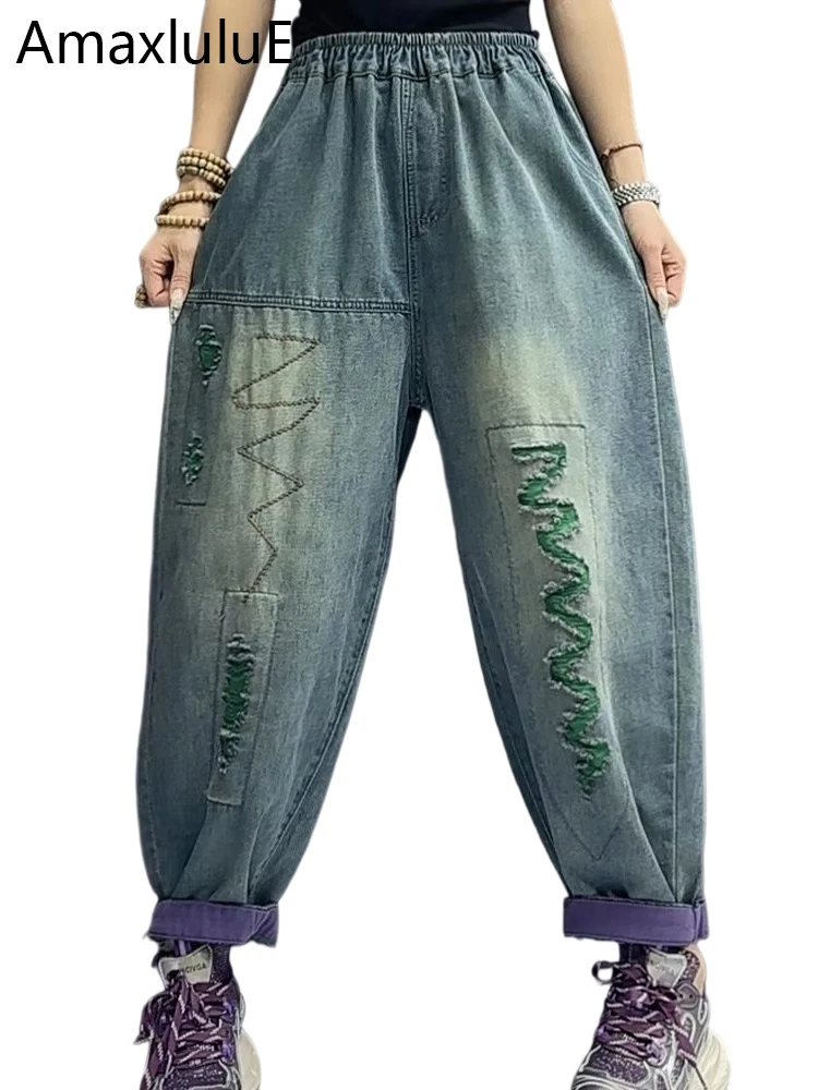 

Amax luluE 2024 Women Embroidery Spring Jeans Vintage Loose Casual Harem Trousers Punk Classic Elegant Gothic Ladies Denim Pants