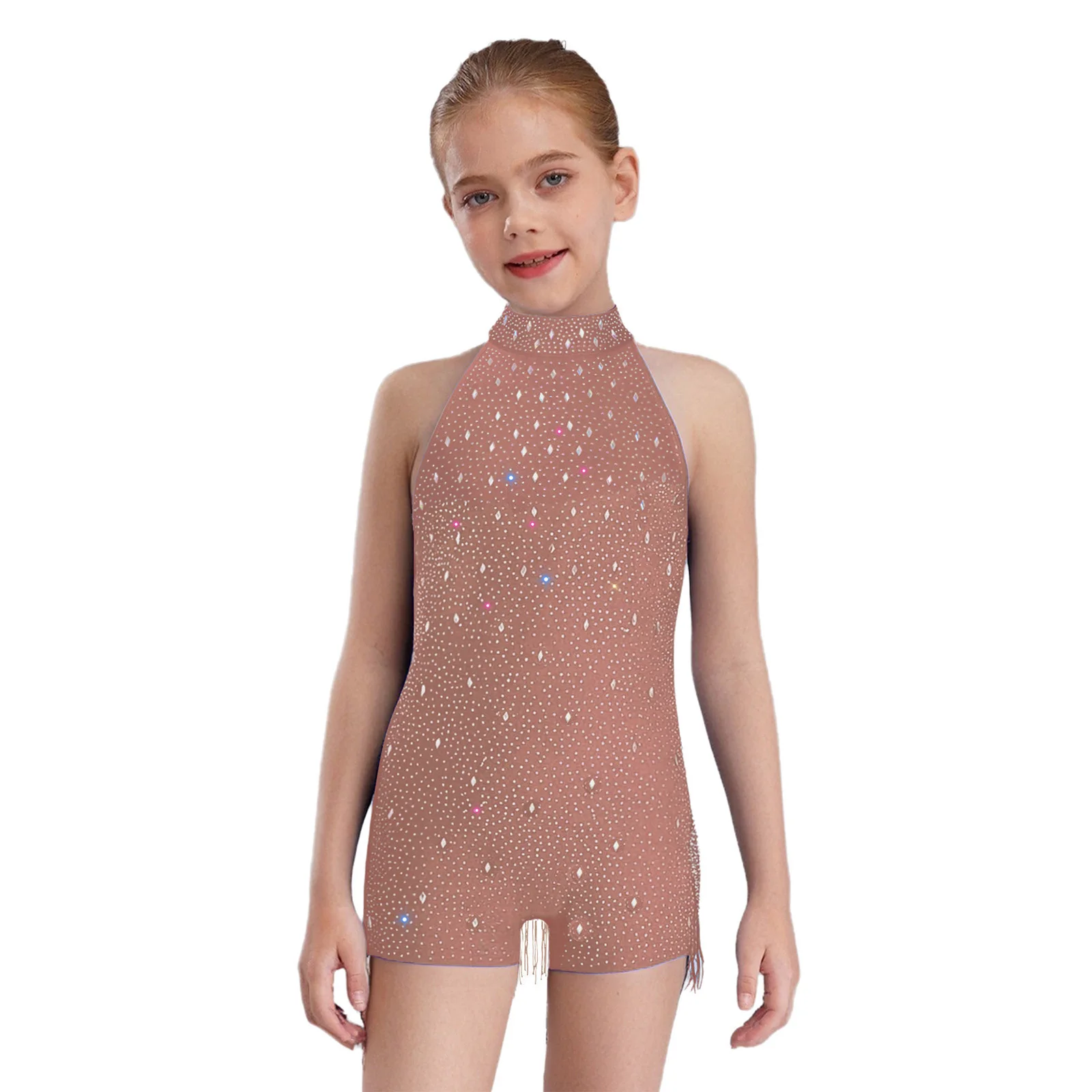 Kids Girls Ballroom Latin Jazz Dance Jumpsuit Fringed Sparkly Rhinestones Halter Sleeveless Backless Bodysuit for Performance