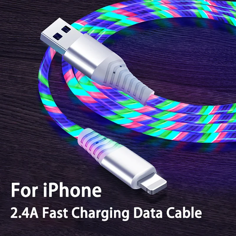 2m 2.4A Fast Charging Flow Luminous Data Cable For iPhone 14 13 12 Pro Max 11 XR XS 8 7 6 Phone Charger USB Cable