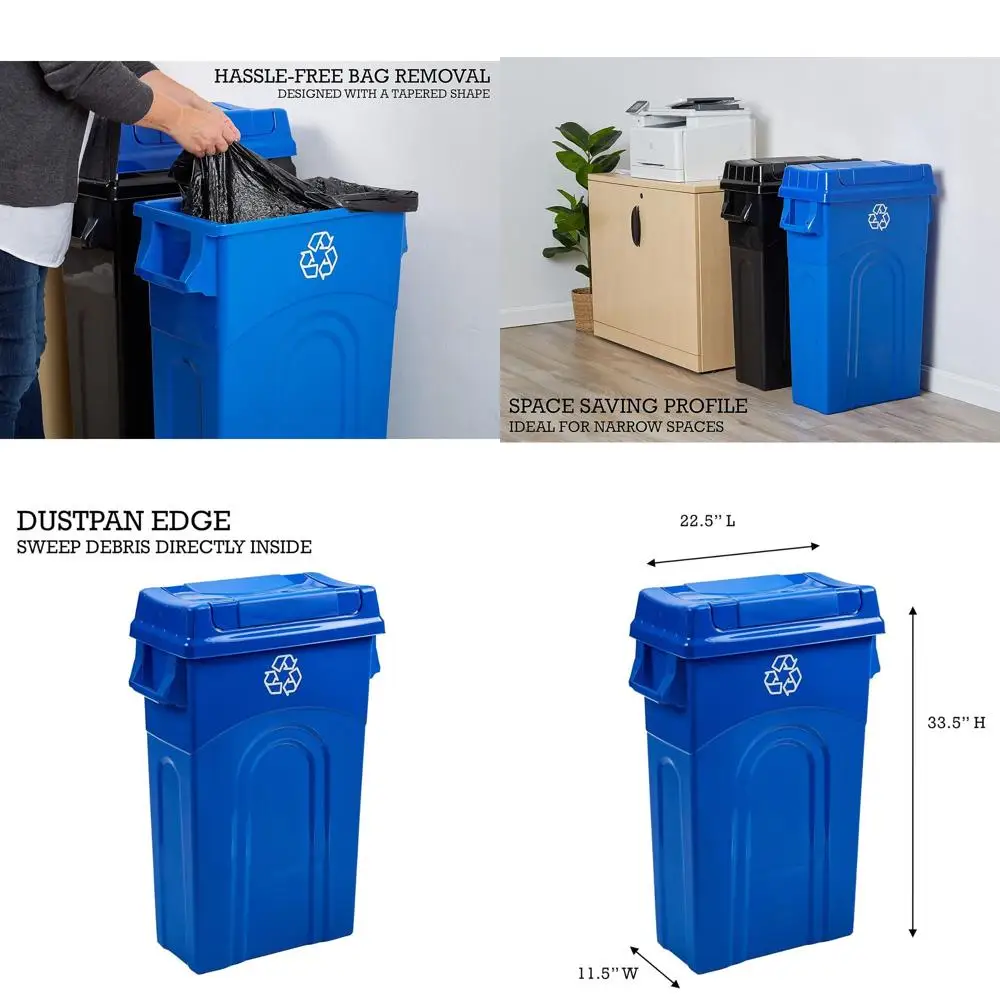 

23-Gallon Blue Highboy Plastic Recycling Bin with Lid, Pass-Through Handles, and Dustpan Rim for Kitchen Use