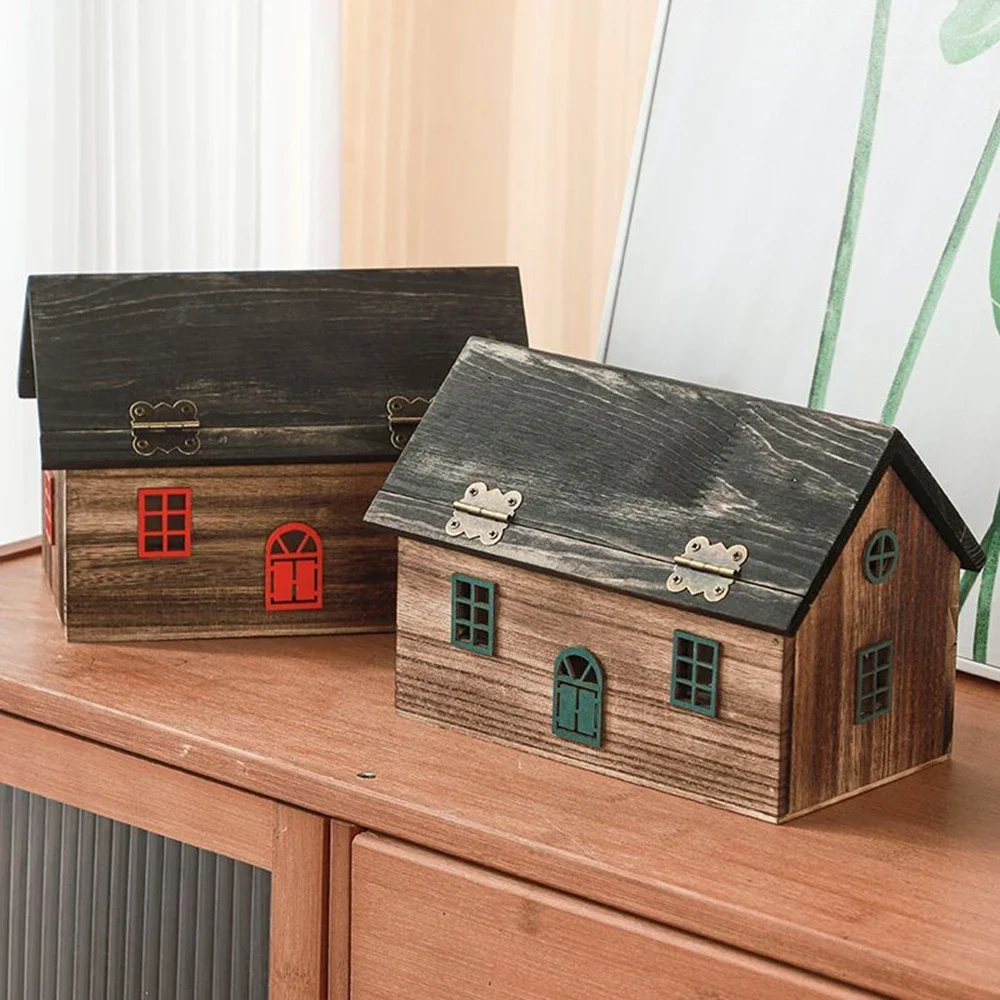

Simple Retro Wooden Tissue Box - Cute Small House Design for Living/Dining Room, Creative Desktop Decorative Storage