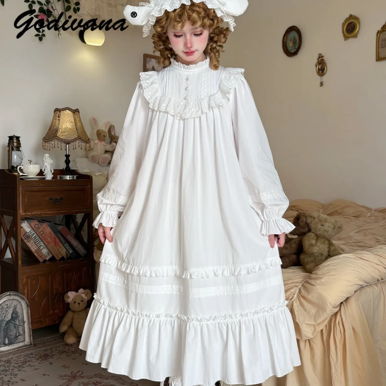Original Lolita langes Nachthemd, Vintage-Baumwoll-Pyjama, puppenartiges Frühlings- und Herbst-Nachthemd für Mädchen und Damen, langärmliges Nachtkleid, Schlafkleidung