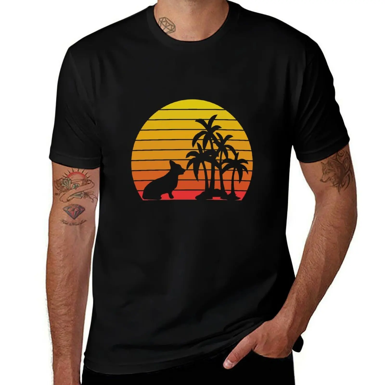 

Retro Vintage Corgi Sunset Palm Trees Beach Silhouette T-Shirt t shirts cotton 100% t shirt men 100% cotton luxury brand T-Shirt