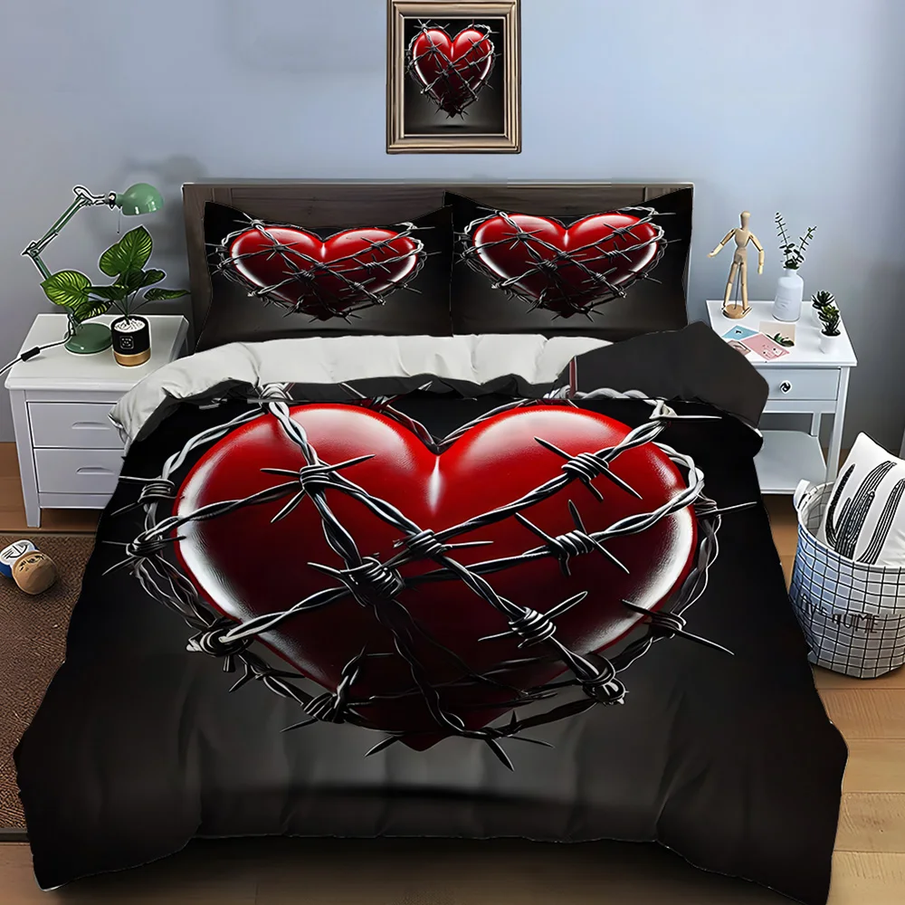 

Red heart wrapped with barbed wire Bedding Set for Kids Luxury Gift 3pcs Digital Print Comforter Set Soft Comfortable Breathable