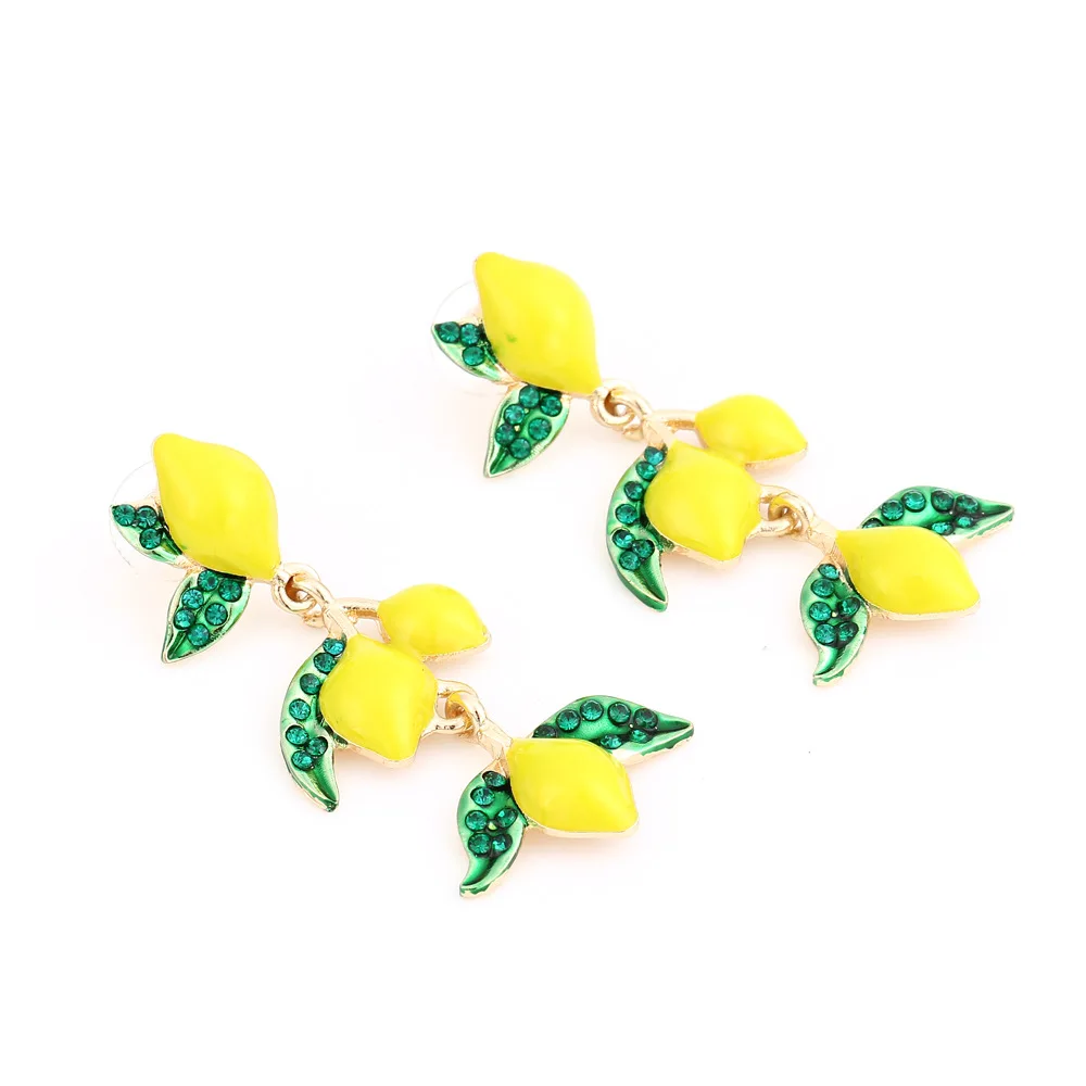 New fresh with alloy oil drop diamond lemon earrings with exaggerated holiday style enamel fruit earrings