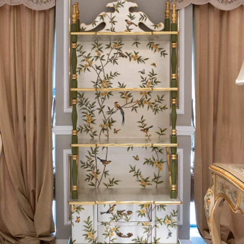 French Luxury Elegant All Solid Wood Carving Silver Paste Painted Flowers and Birds Green Curio Cabinet Storage Layer Shelf