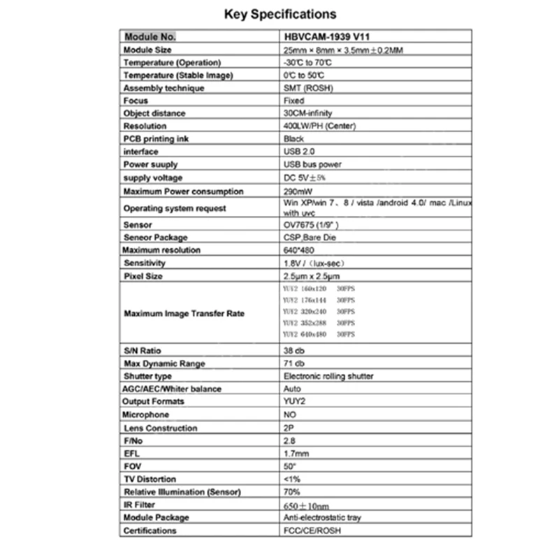 30W Pixel USB2.0 OV7675 Camera Module + USB Cable For Laptop Camera Module, Durable