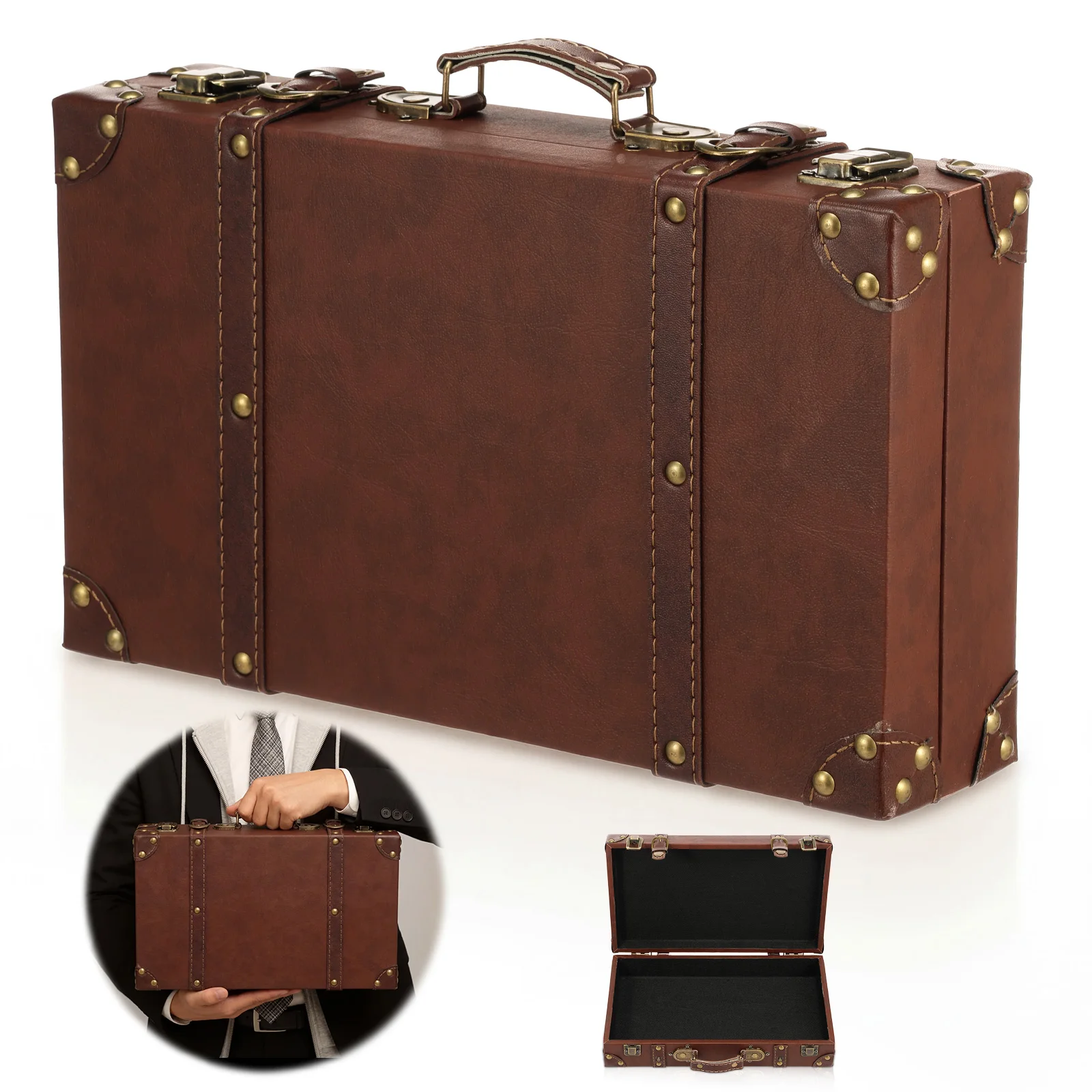 Vintage Leather Suitcase Wooden Storage Carrying Case Portable Luggage Trunk Handbag Jewelry Box Decorative Photography Prop Box