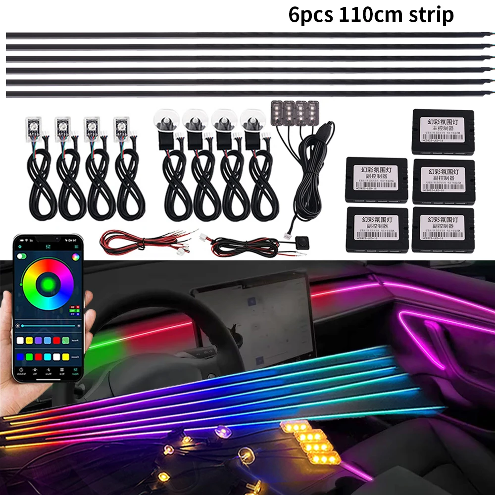 

18In1 6pcs 110cm Symphony LED Light Strip For Car Ambient Light Interior Decorations RGB Neon Dreamcolor Acrylic Atmosphere Lamp