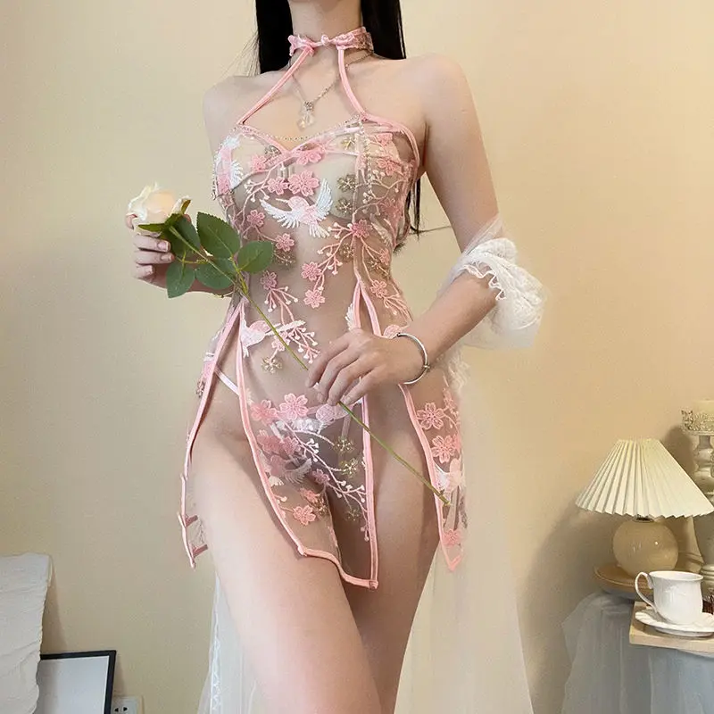 AV actrice vêtements de nuit rétro translucide Cheongsam costume dentelle broderie Sexy érotique Lingerie sexe vêtements Anime Cosplay sous-vêtements