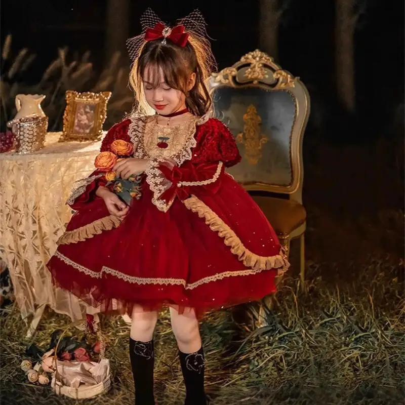 

Платье принцессы Лолиты для девочек, красная юбка-пачка с рюшами, многослойное платье, праздничное платье с украшением в виде банта, детское бальное платье, Рождественский подарок