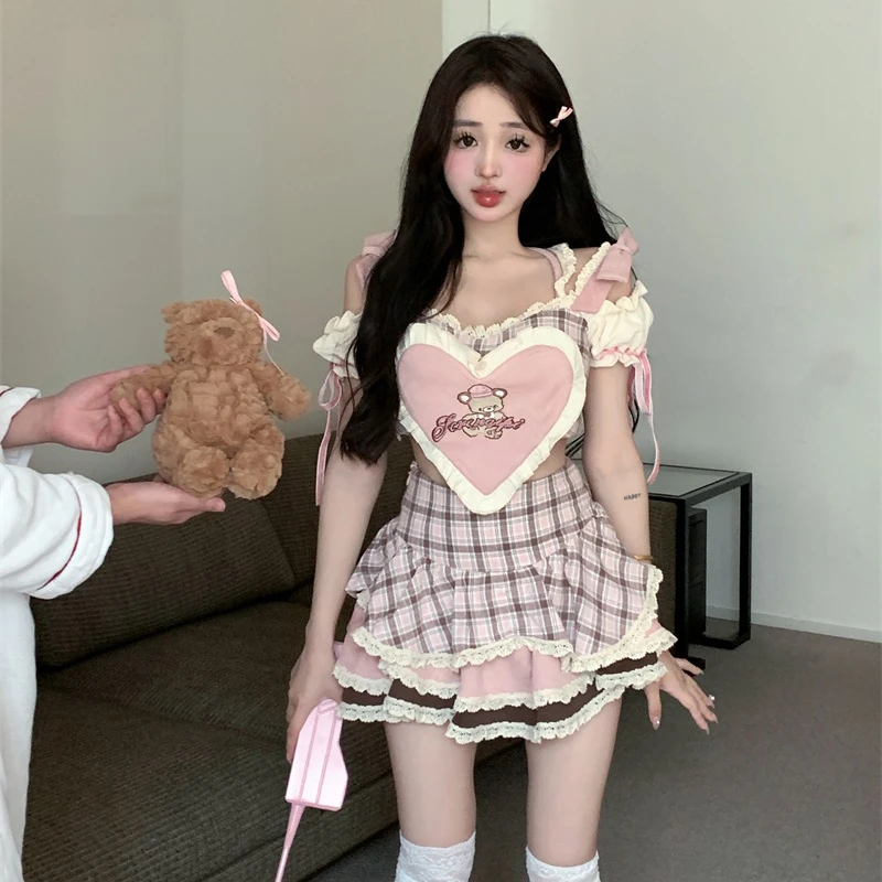 Sweet Plaid Lolita Skirt Set Women Sexy Ruffles Halter Neck Cartoon Bear Embroidery Camis Top Pink Mini Skirt Kawaii Lolita Suit