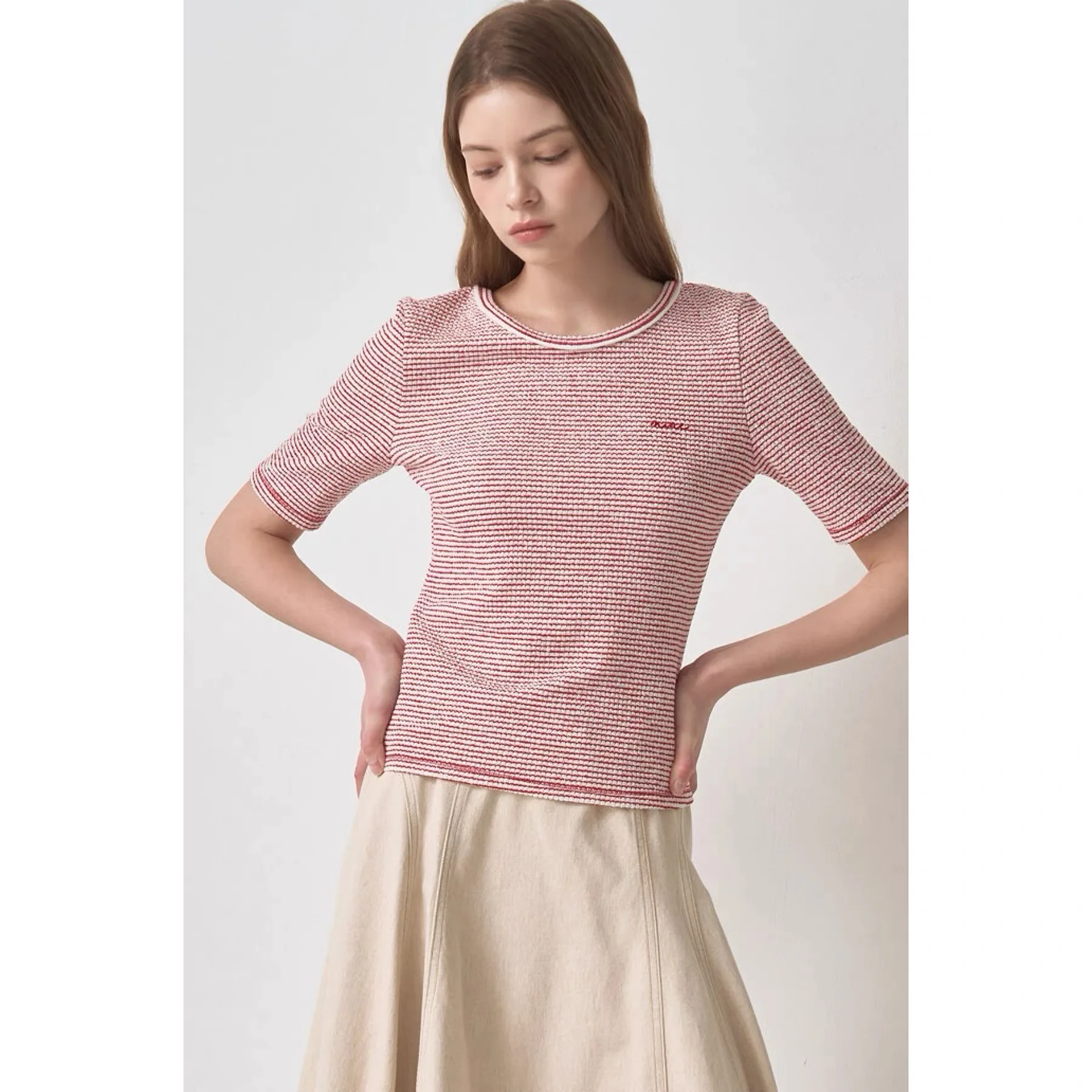 

Spring Commute Style Lemon Cheese Knitted Shirt round Neck Short Sleeve Slim Fit Striped Elastic Versatile Women's Top