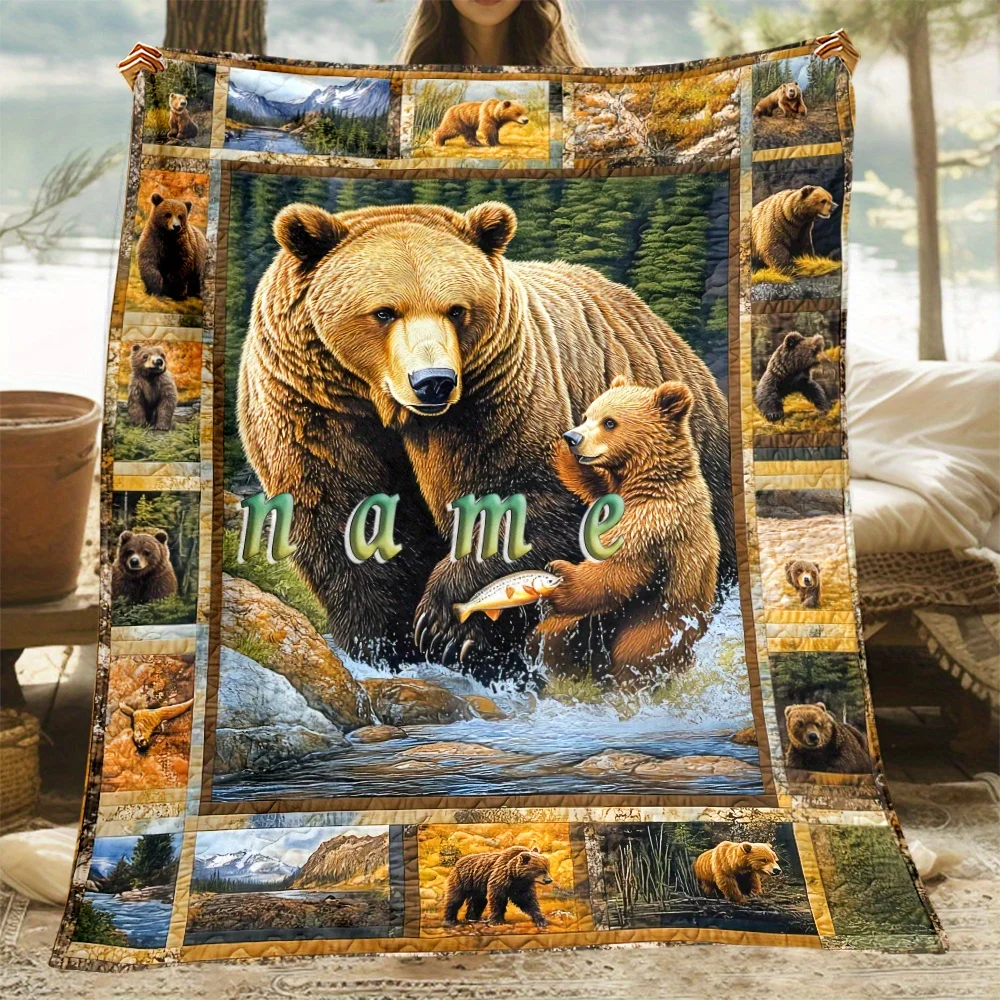 Customized name Bear Fishing Fleece blanket, lightweight, sofa bed sheet, suitable for bedroom,travel,office sofa chair,camping