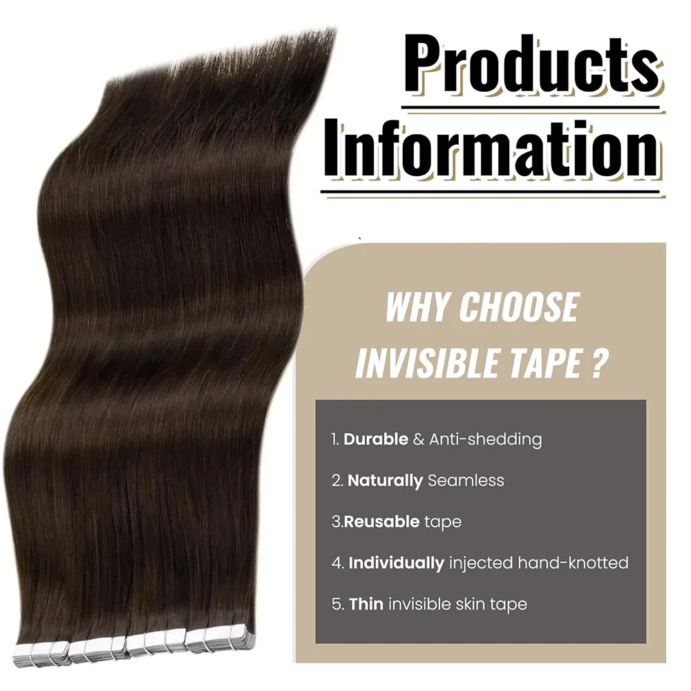 Tape In Hair Extensions Human Hair Seamless Invisible Straight 100% Human Hair Extensions 16-26 Inches For Woman 20Pcs 50G/Pack