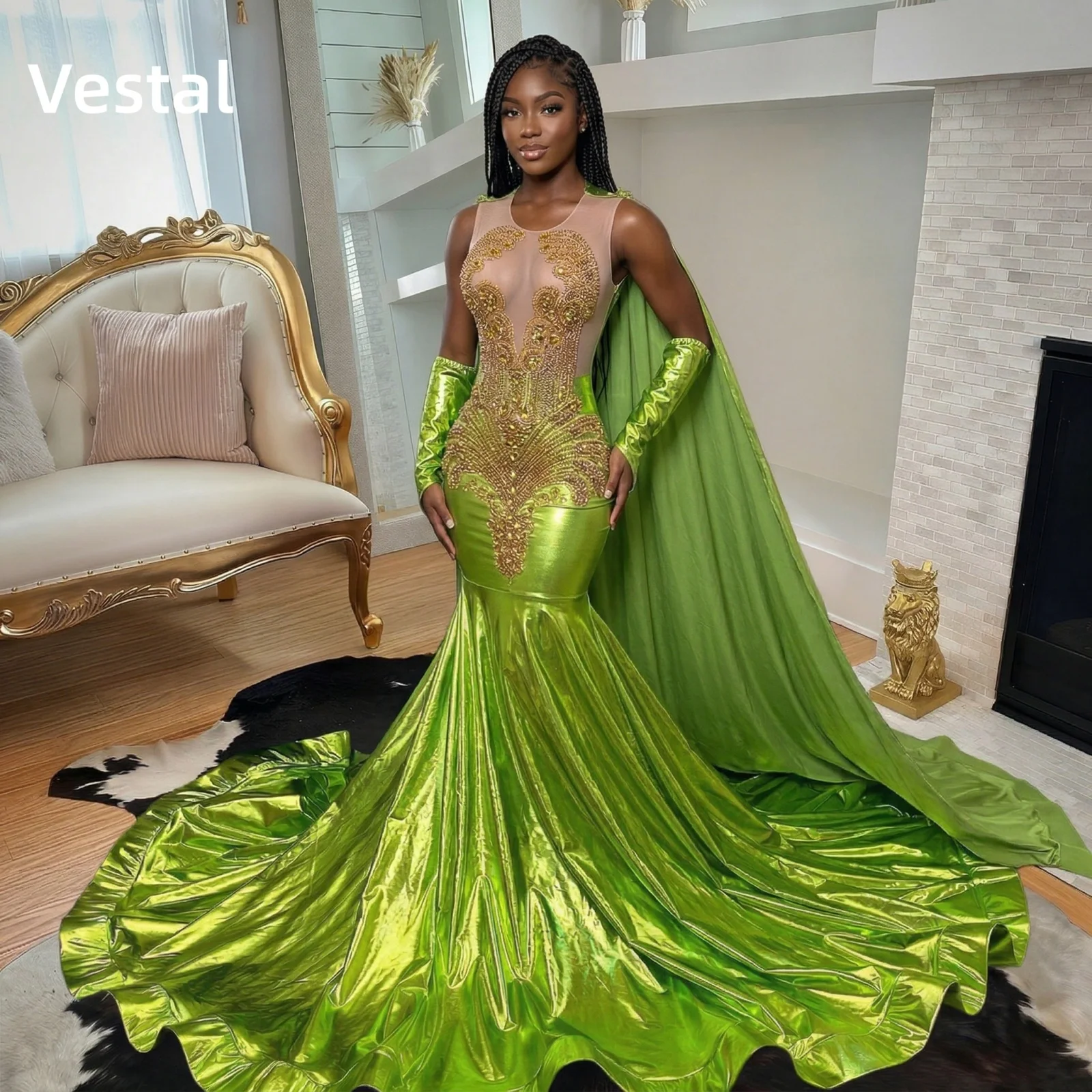 

Shiny Sparkly Floor-Length Beaded Metallic Green Cape Gloves Prom Dress Mermaid Appliques Train Evening Gown Customized