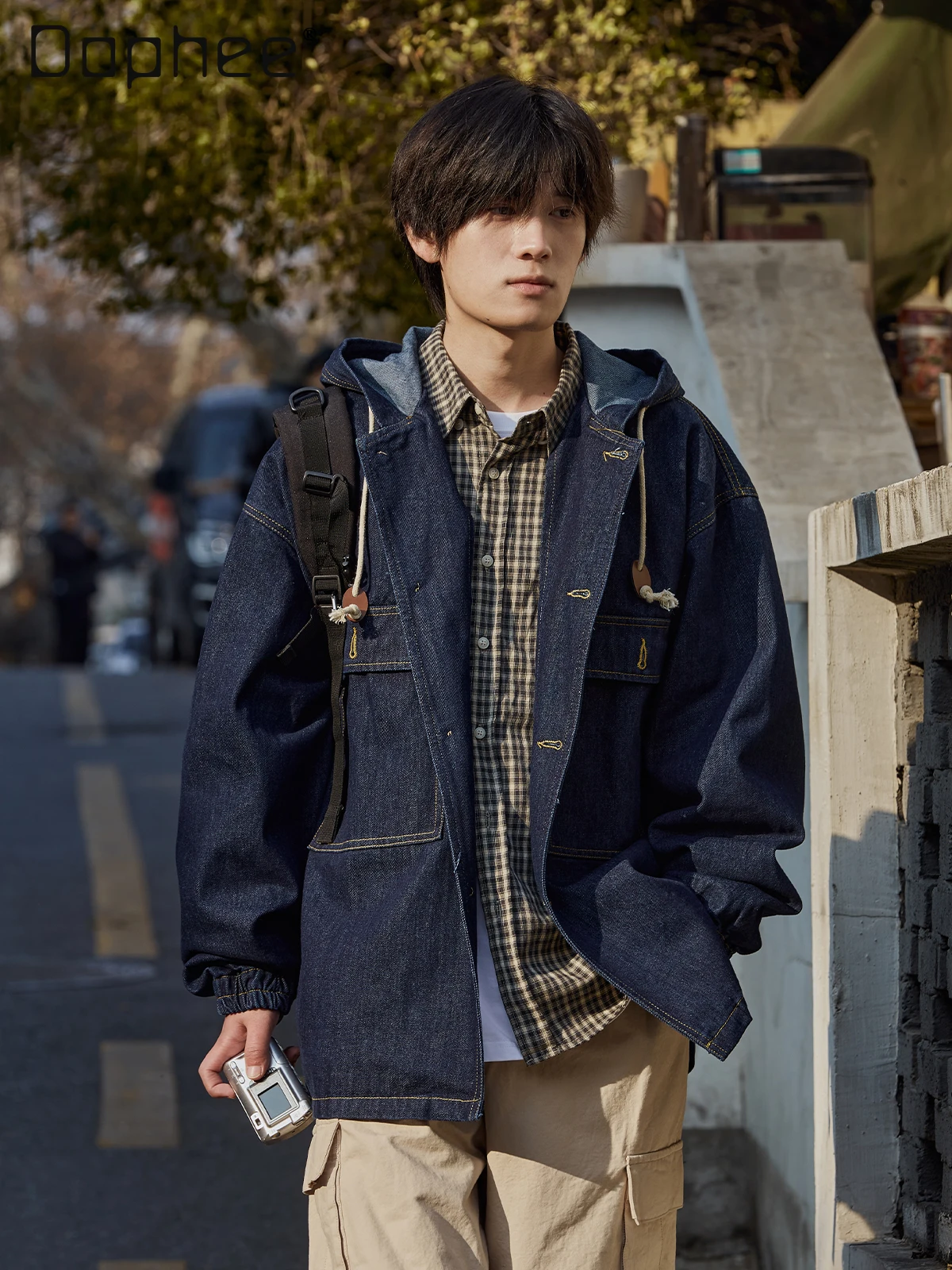 الربيع والخريف اليابانية الرجعية نمط الرجال الأزرق فضفاض عارضة الحد الأدنى تصميم واحدة الصدر مقنعين سترة الدنيم