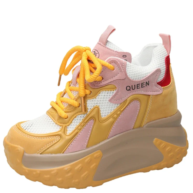 

Женские кроссовки 10 см, дышащие кожаные кроссовки на платформе, женская повседневная обувь, массивные кроссовки, дизайнерская обувь для папы на толстой подошве