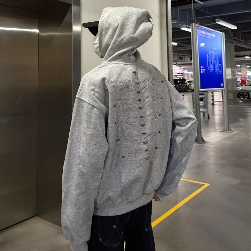 جديد الأمريكية الرجعية العمود الفقري التطريز برشام الحرفية نمط الرجال هوديي Harajuku القوطية فضفاض عارضة الرجال أعلى #2