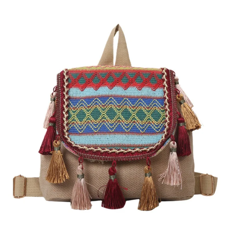Ethnic style large capacity tassel small bag women's backpack easiest for matchcasual bag trendy